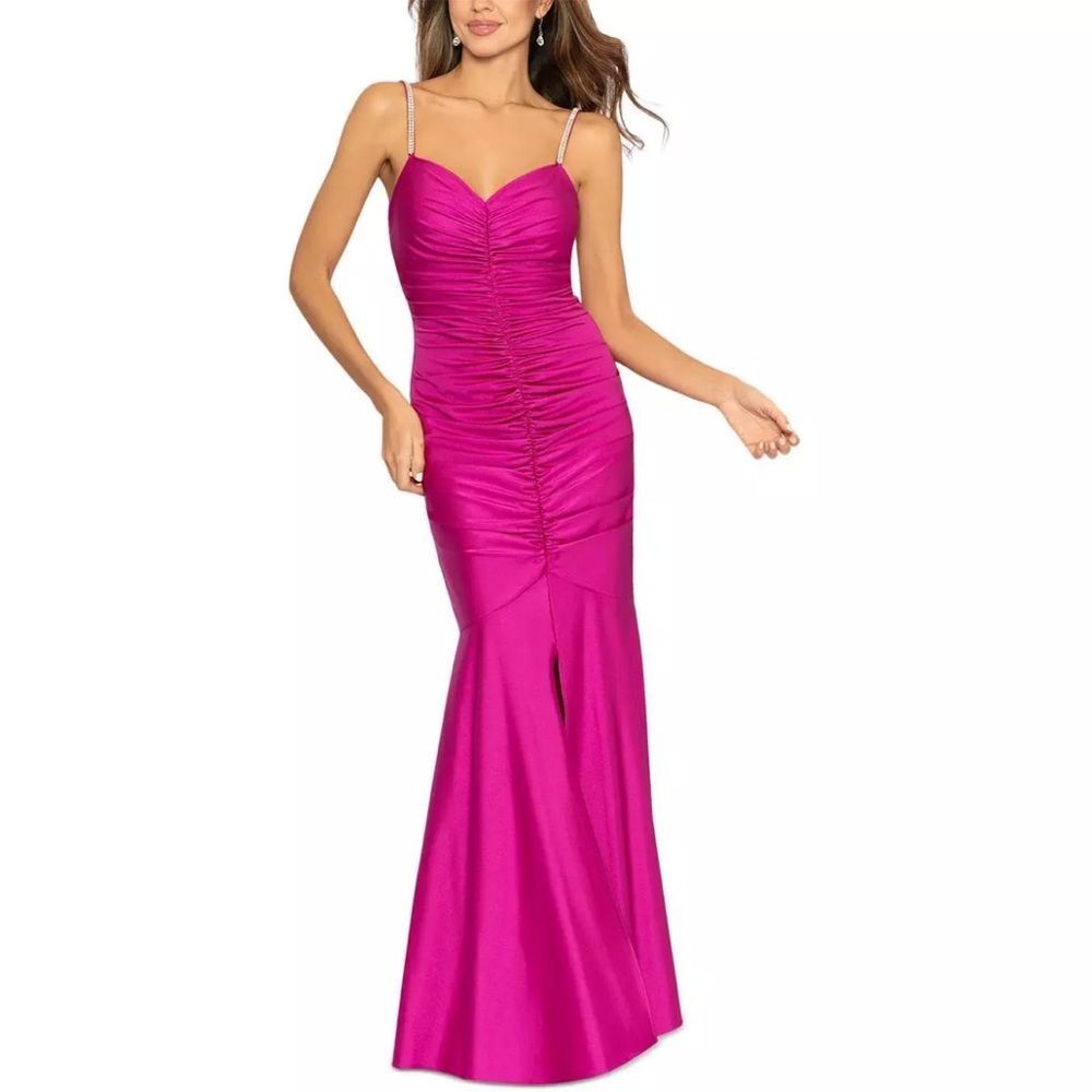 NWOT Xscape | Pink Satin‎ Embellish Strap Long Formal Cocktail And Party Dress 4
